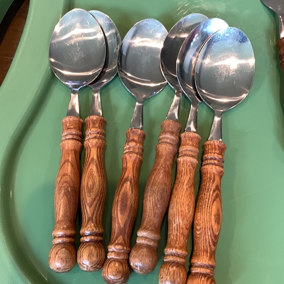 VTG MCM Taiwan stainless steel wood Utensils fork spoon knife 36 pc silverware - Picture 2 of 9